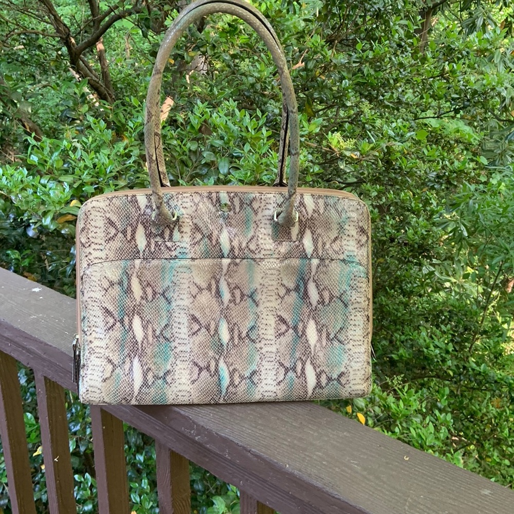 Lodis Snake-Print Laptop Bag in Cream, Brown & Teal